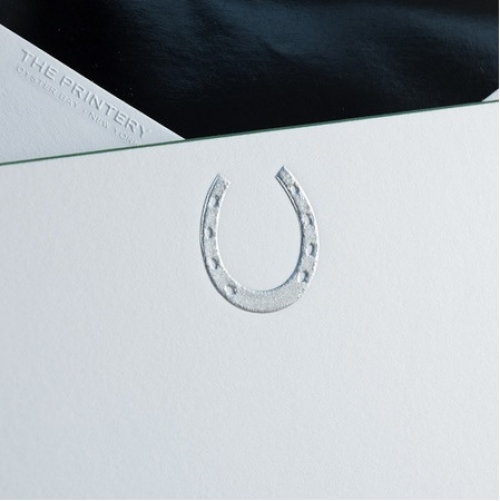 Silver Horseshoe Engraved Note Cards  Box of 10
Envelopes Hand Lined with Shimmery Black Tissue.

Personalize with a name or initials on the top or bottom of each card.
Color to match motif unless specified otherwise.
